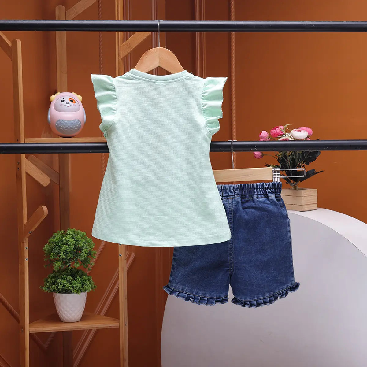 Girls Light Green Typographic Printed Top With Denim Shorts Sets 2 pc. Sets