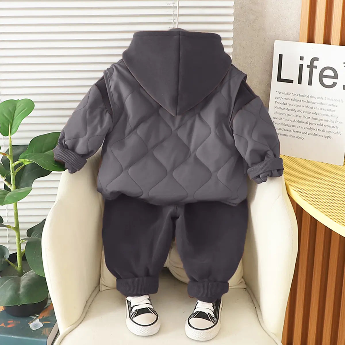 Boys Grey Self-Design Sleeveless Jacket With Sweatshirt & Pants Sets 3 pc. Sets