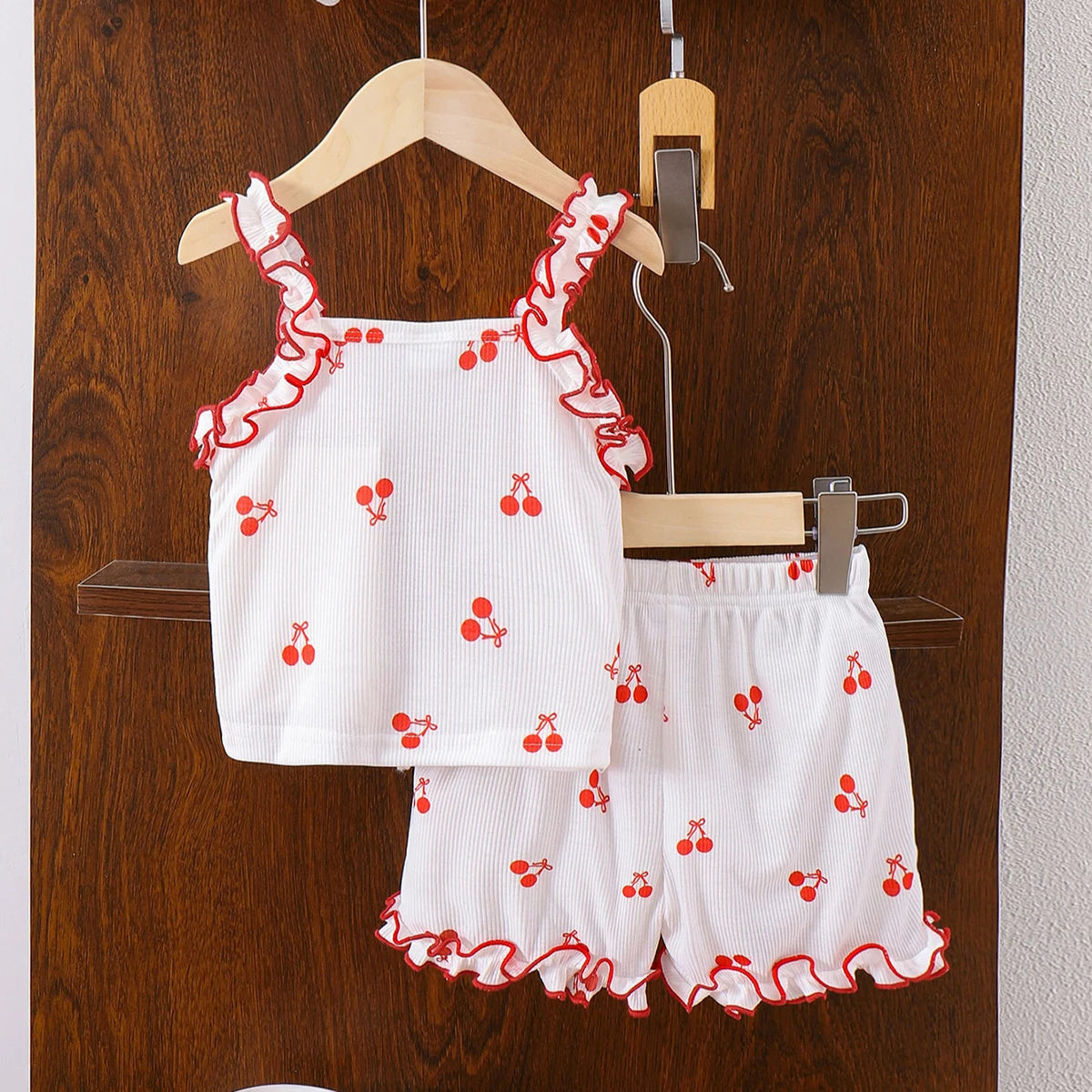 Girls White Cherry Print Ruffle Sleeveless Top With Shorts Sets 2 pc. Sets