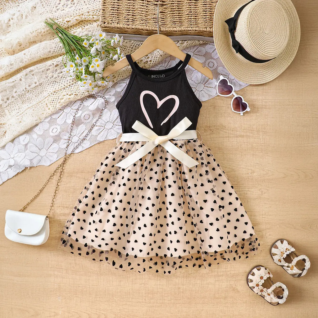 Girls Black Heart Printed Sleeveless Fit & Flare Dress With Bow Casual Dresses Black 3-4 Y