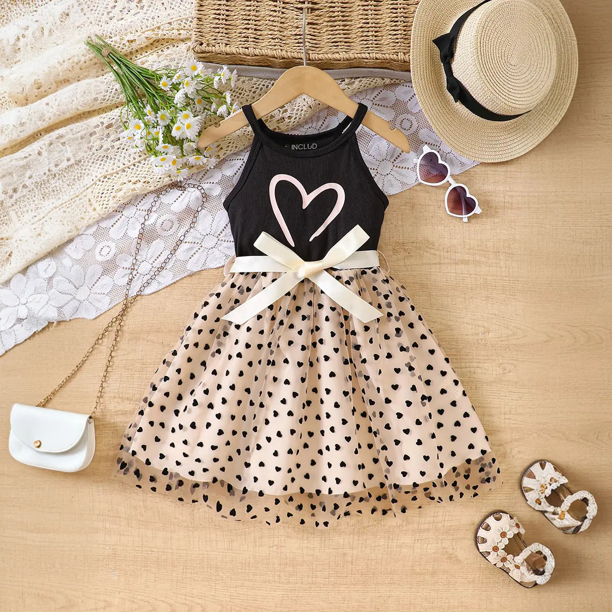Girls Black Heart Printed Sleeveless Fit & Flare Dress With Bow Casual Dresses Black 3-4 Y