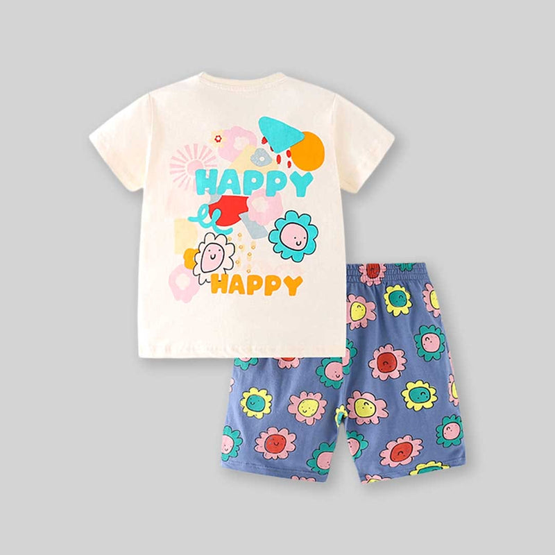 Girls Short Sleeves T-Shirt With Printed Floral Shorts Set Sets   