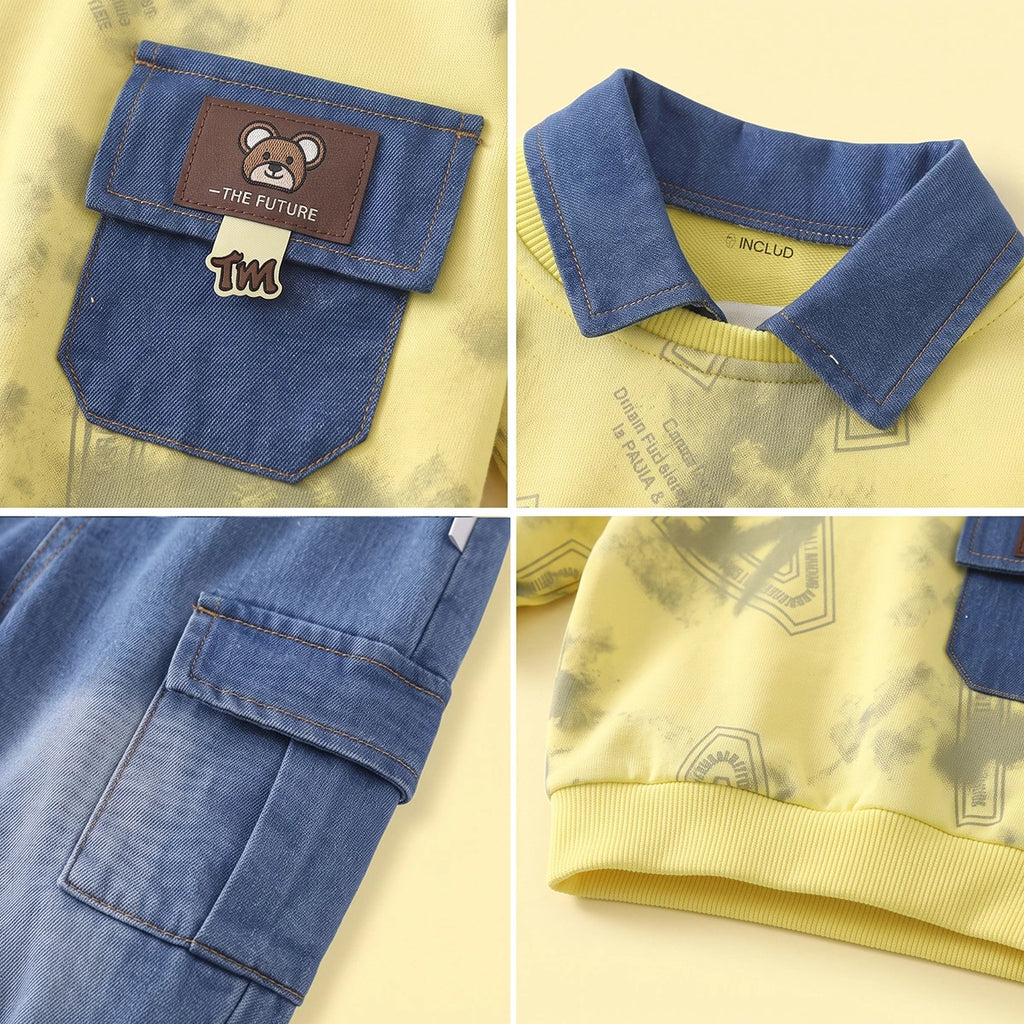 Boys Yellow Abstract Polo Sweatshirt & Denim Cargo Pants Sets Sets