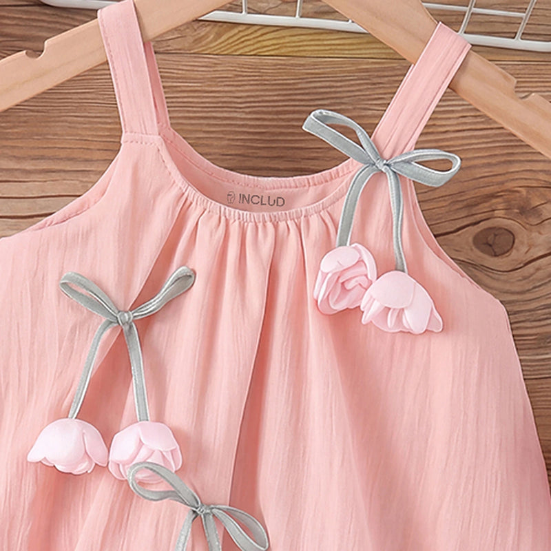 Girls Pink Flower Applique Sleeveless Top With Shorts Sets 2 pc. Sets