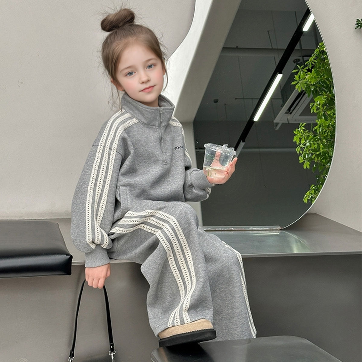 Girls Grey Solid Half Zipper Sweatshirt With Pants Winter Co-ord Set 2 pc. Sets