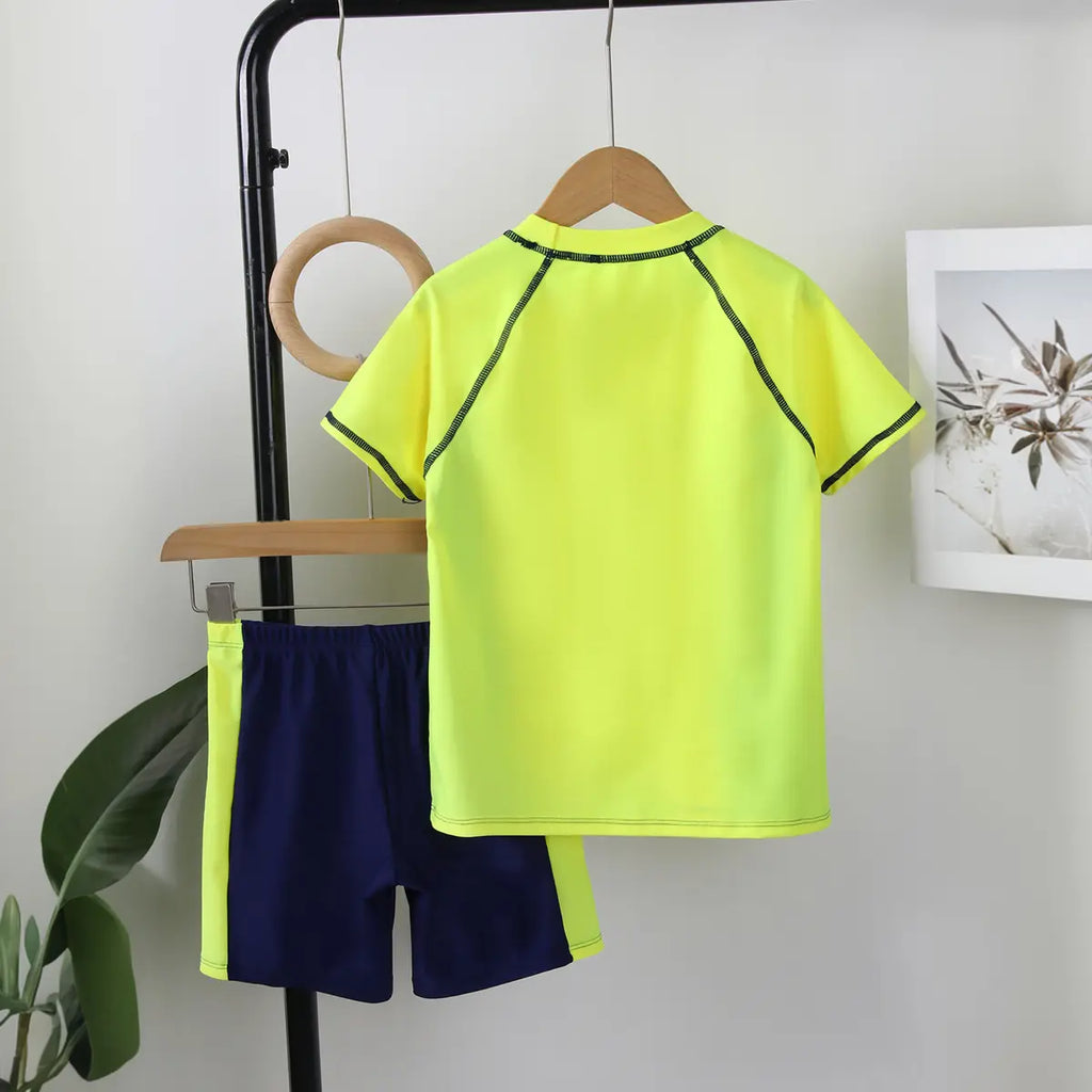 Boys Yellow Typography Printed Short Sleeves T-Shirt & Shorts Swimsuit Sets Sets