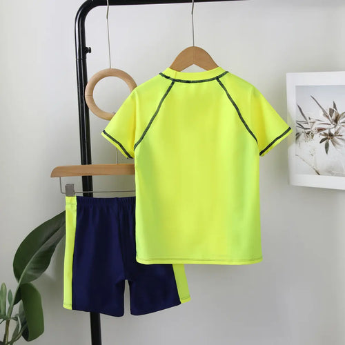 Boys Yellow Typography Printed Short Sleeves T-Shirt & Shorts Swimsuit Sets Sets