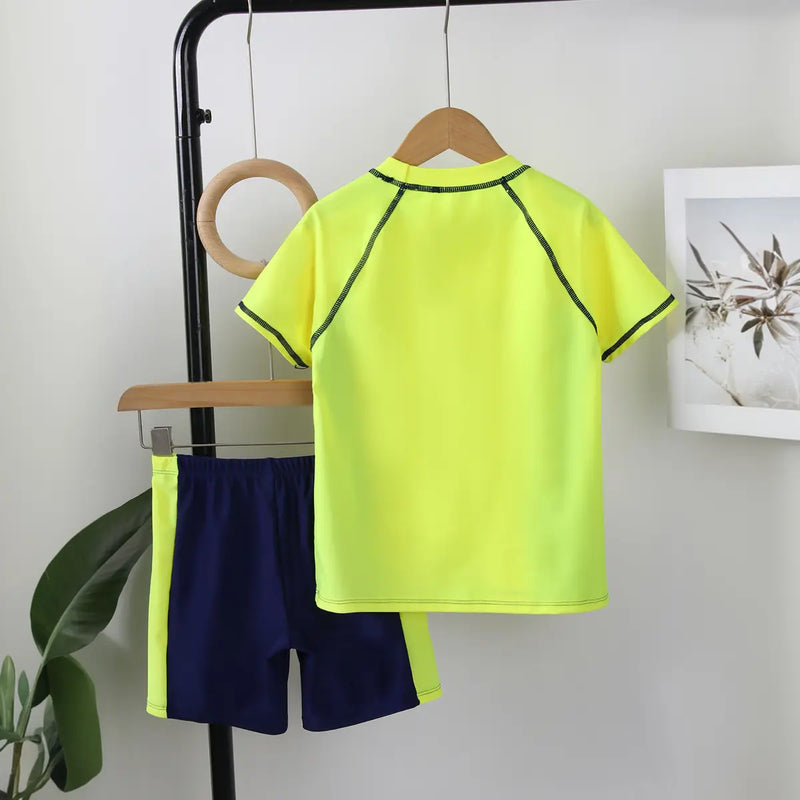 Boys Yellow Typography Printed Short Sleeves T-Shirt & Shorts Swimsuit Sets Sets