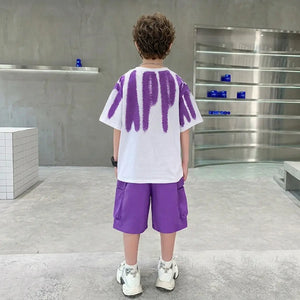 Boys Purple Abstract Print Oversized T-Shirt With Shorts Sets Sets