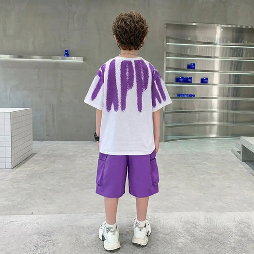 Boys Purple Abstract Print Oversized T-Shirt With Shorts Sets Sets