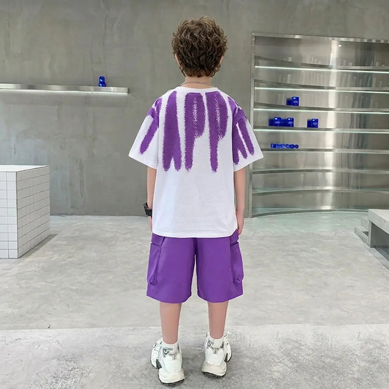 Boys Purple Abstract Print Oversized T-Shirt With Shorts Sets Sets