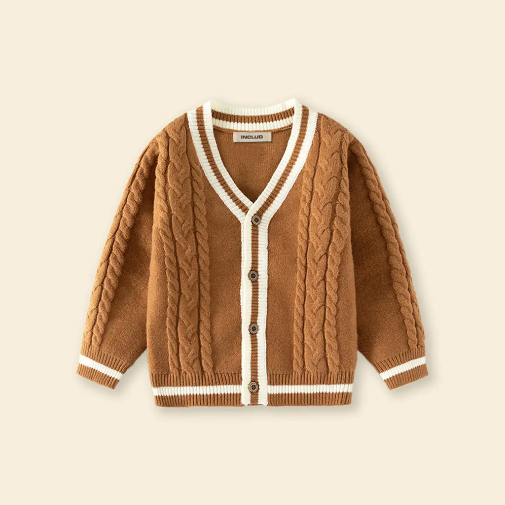 Girls Camel Brown Self-Design Knitted Cardigan Sweaters & Cardigans