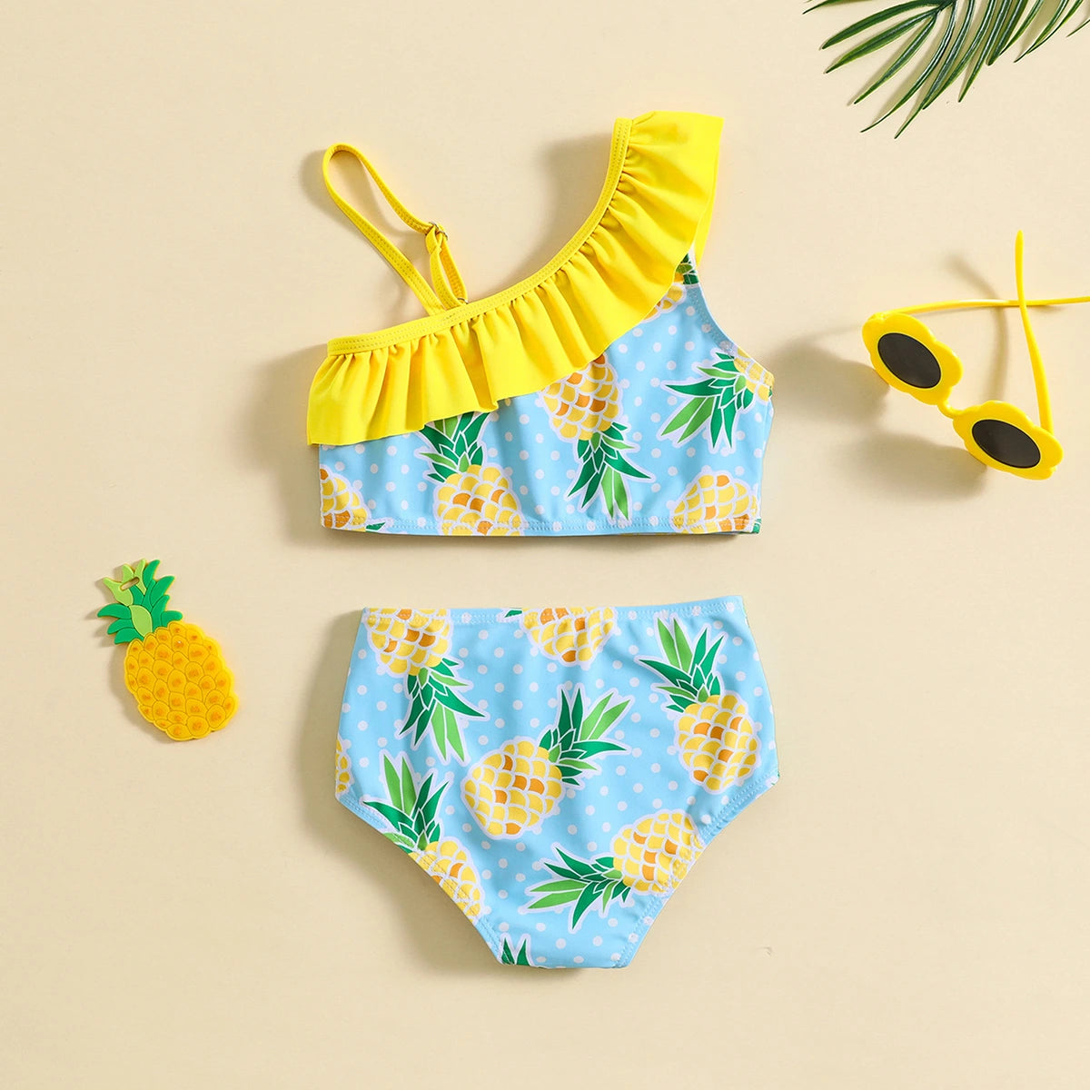 Girls Yellow Pineapple Print One Shoulder Top With Briefs Swimwear Sets Sets