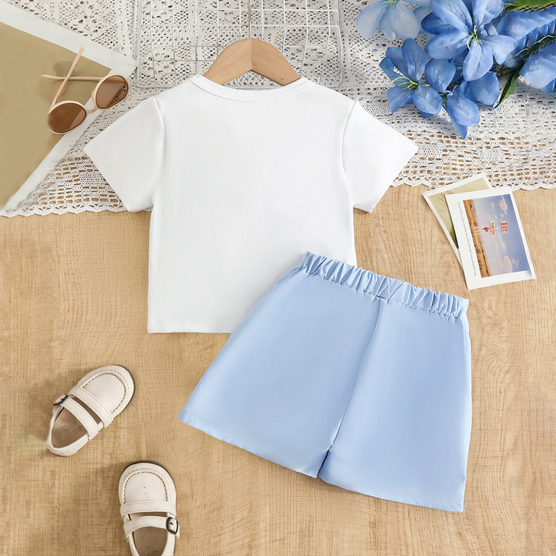 Girls 3D Rose Applique T-Shirt With Sky Blue Skort Sets Sets