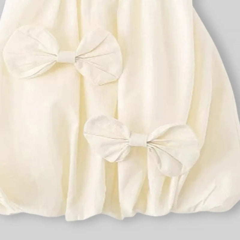 Girls Off White Solid Sleeveless Balloon Dress With Bow Details Casual Dresses