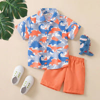 Boys Orange Dinosaur Print Short Sleeves Button-Down Shirt With Shorts Set Sets Orange 1-2 Y