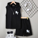 Boys Black Sleeveless Hooded Printed T-Shirt With Shorts Set