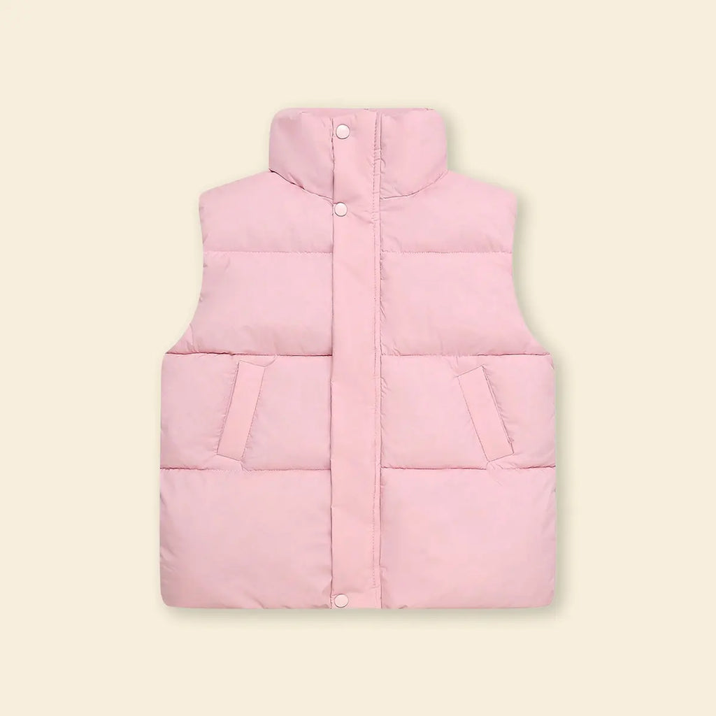 Girls Pink Quilted Puffer Vest With Stand-up Collar Coats & Jackets