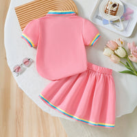 Girls Pink Heart Embroidered Polo T-Shirt With Skirt Sets 2 pc. Sets
