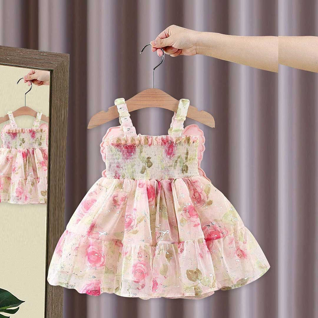 Girls Floral Print Butterfly Applique Fit & Flare Dress