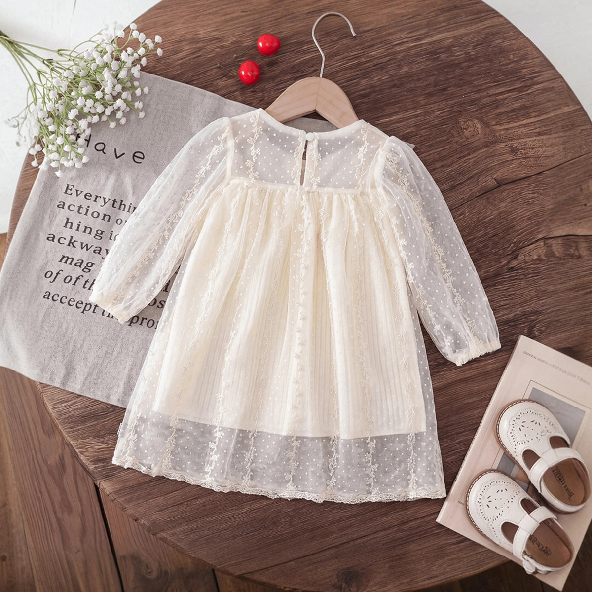 Girls Cream Embroidered Sheer Net Puff Sleeve A-Line Dress Casual Dresses