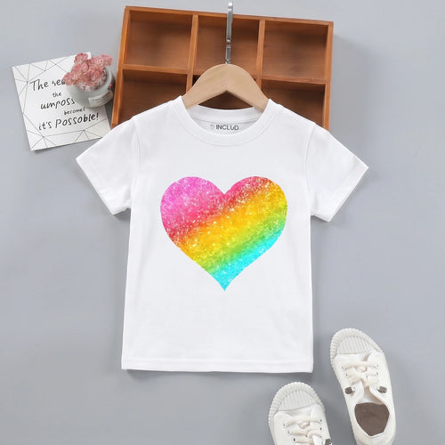 Girls White Heart Printed Short Sleeve T-Shirt Tshirts White 1-2 Y