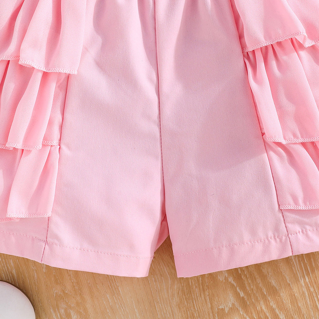 Girls Pink Waistcoat with Spaghetti Top & Tiered Ruffle Shorts Set 3 pc. Sets