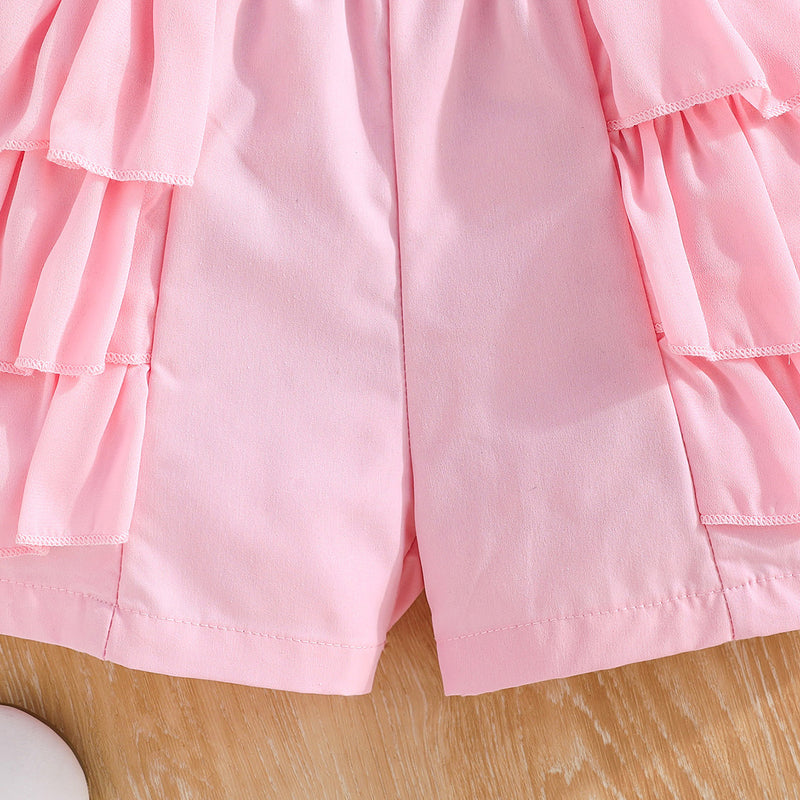Girls Pink Waistcoat with Spaghetti Top & Tiered Ruffle Shorts Set 3 pc. Sets