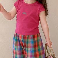 Girls Fuchsia Cape Sleeve Top With Checked Pants Sets Sets