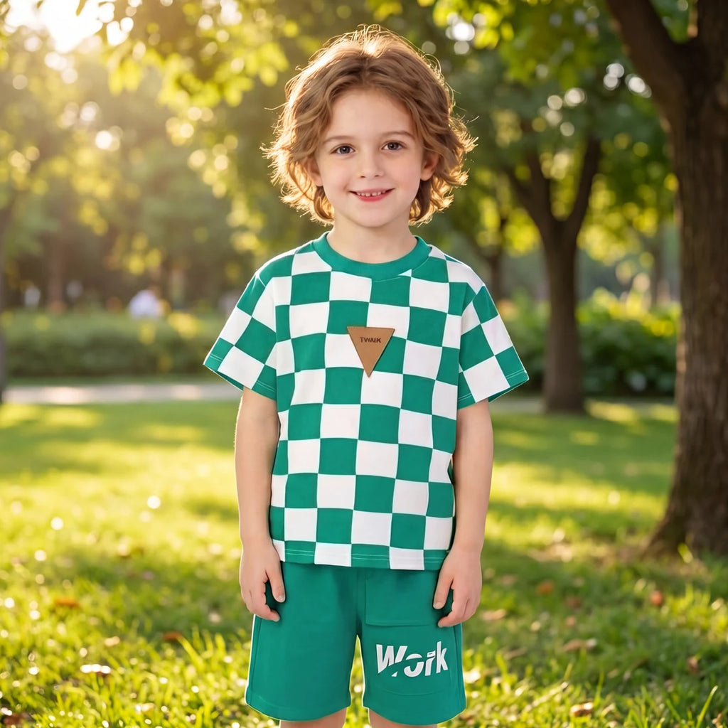 Boys Green Short Sleeve Checked T-Shirt With Shorts Sets 2 pc. Sets Green 1-2 Y