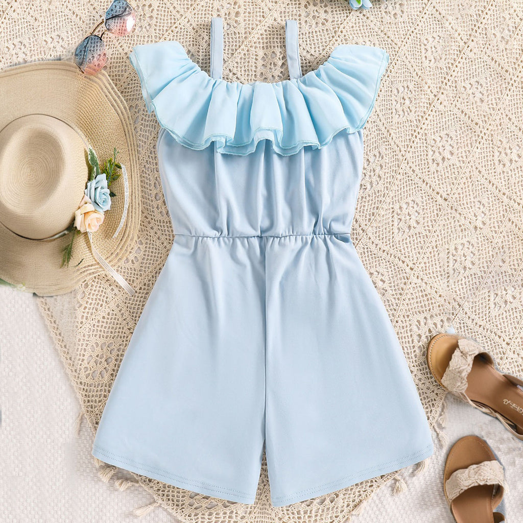 Girls Sky Blue Sleeveless Ruffled Jumpsuit Jumpsuits