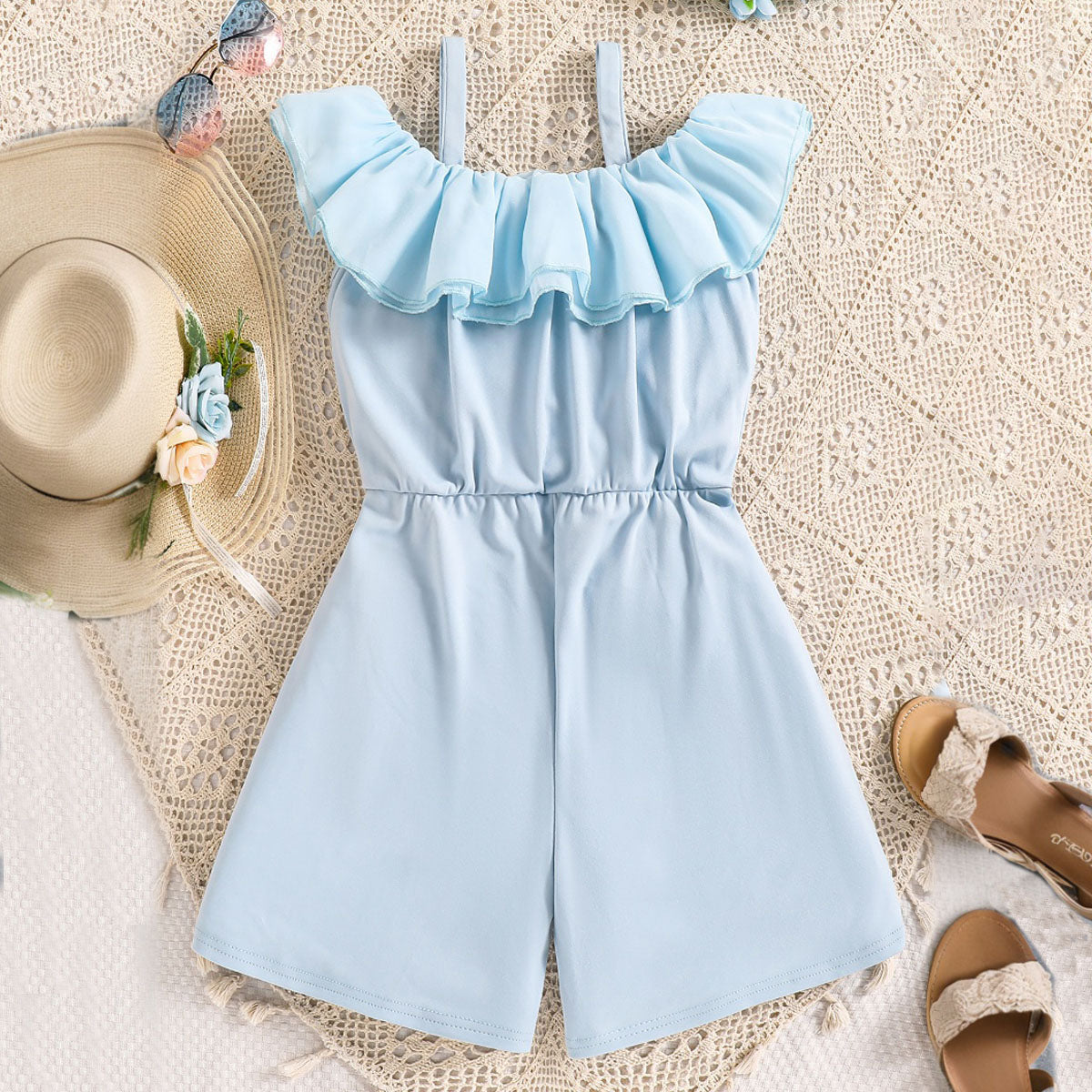 Girls Sky Blue Sleeveless Ruffled Jumpsuit Jumpsuits
