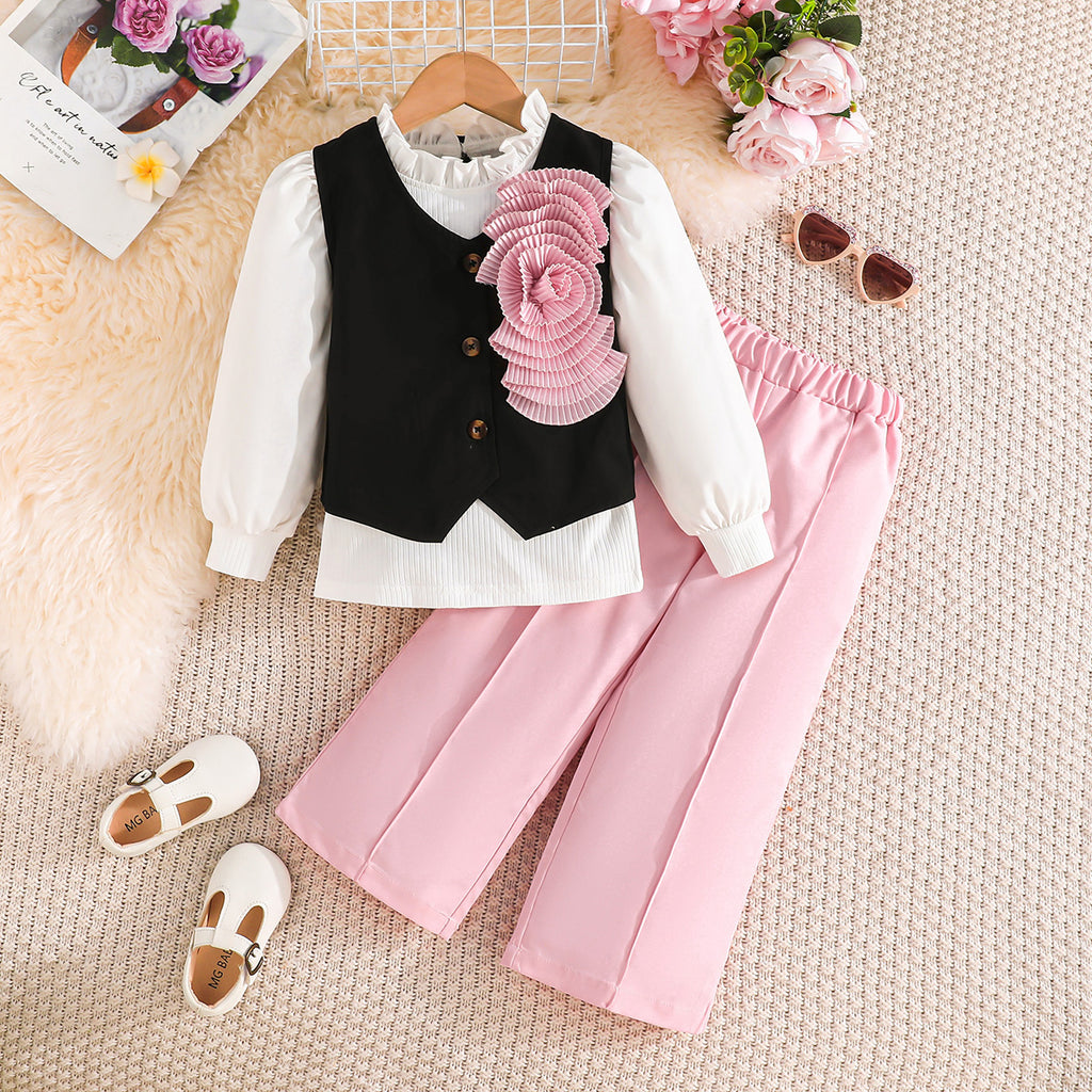 Girls Pink Applique Top With Sleeveless Vest And Trousers Sets 3 pc. Sets