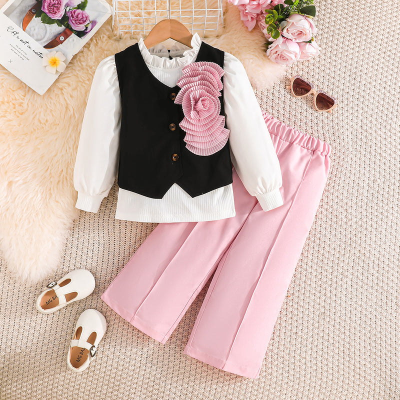 Girls Pink Applique Top With Sleeveless Vest And Trousers Sets 3 pc. Sets