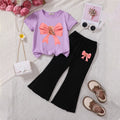 Girls Purple Bow Printed Short Sleeves T-Shirt With Wide-leg Pants Sets Sets Purple 3-4 Y
