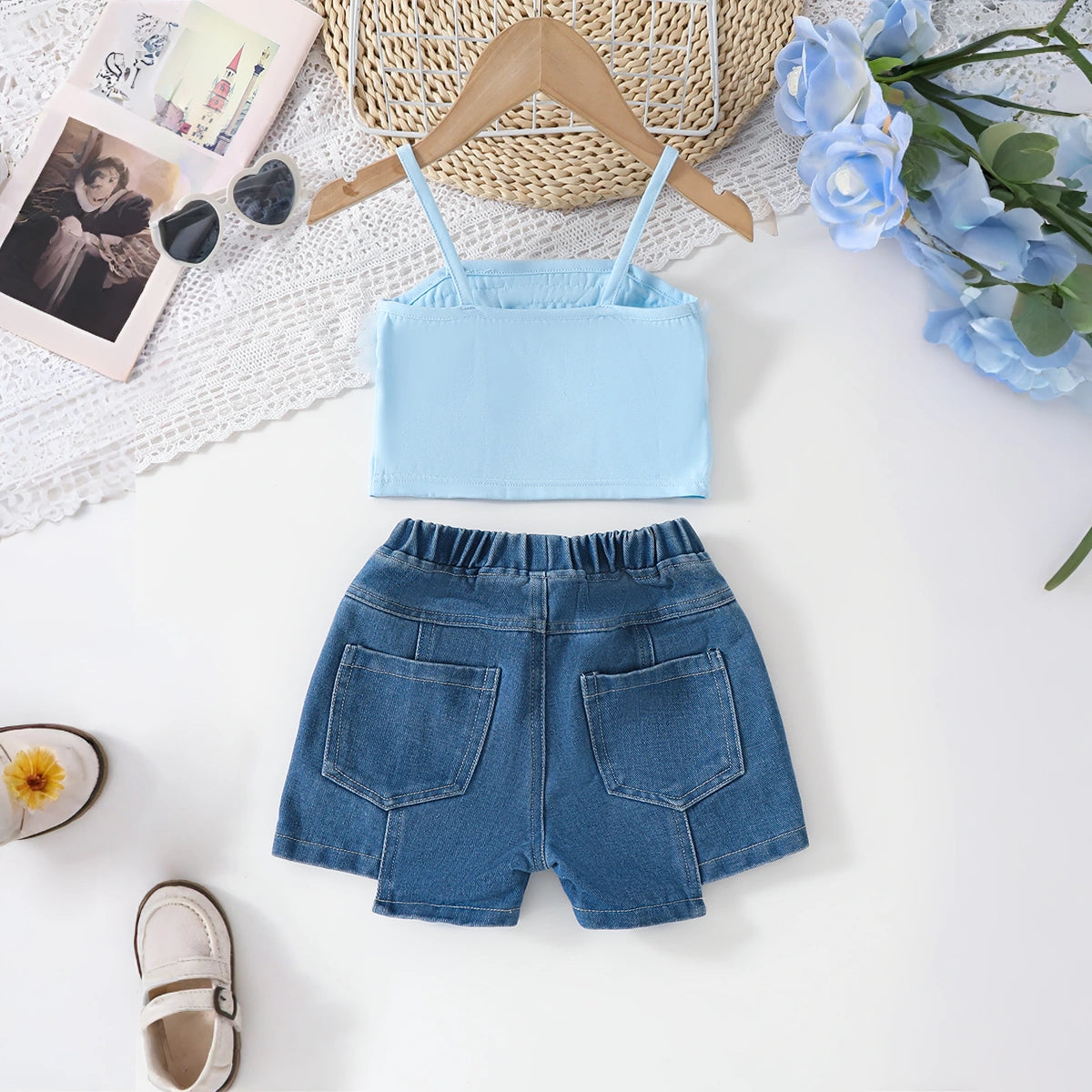 Girls Light Blue Cami Crop Top With Floral Applique Denim Shorts Sets Sets