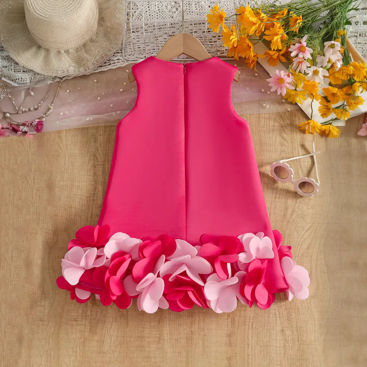 Girls Fuchsia Sleeveless A-line Party Wear Dress With Floral Applique Party Dresses