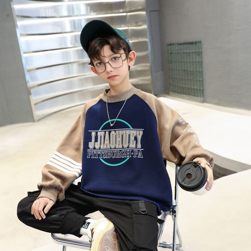 Boys Navy Blue Typographic Printed Raglan Sleeves Winter Sweatshirt Sweatshirts & Hoodies