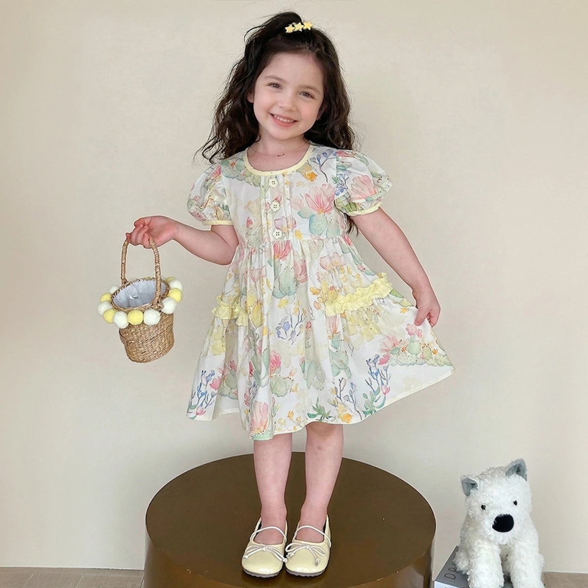 Girls Multicolour Floral Print Fit & Flare Dress with Puff Sleeves Casual Dresses Multicolor 1-2 Y