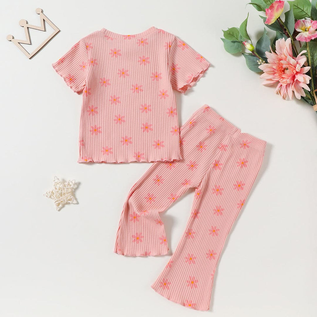 Girls Rib Knit Floral Printed Top With Flared Pants Set Sets   