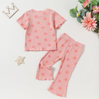 Girls Rib Knit Floral Printed Top With Flared Pants Set Sets   