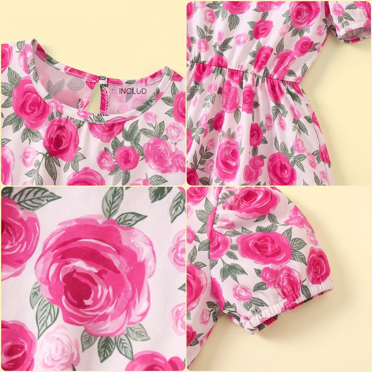 Girls Pink Floral Print Puff Sleeve Fit & Flare Dress Casual Dresses