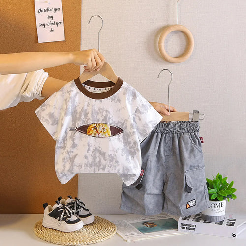Boys Grey Graphics & Tie-dye Printed T-Shirt With Cargo Shorts Sets Sets Grey 1-2 Y