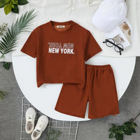 Boys Brown Typographic Printed Short Sleeves T-Shirt With Shorts Set Sets Brown 3-4 Y