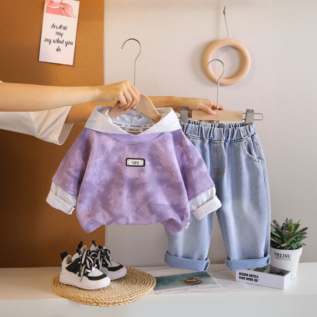 Boys Purple Abstract Printed Hooded Sweatshirt With Denim Trouser Sets 2 pc. Sets Purple 1-2 Y