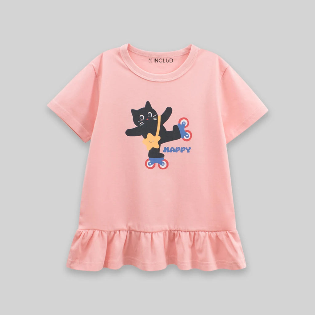 Girls Pink Cat Graphic Short Sleeve T-Shirt Dress Casual Dresses
