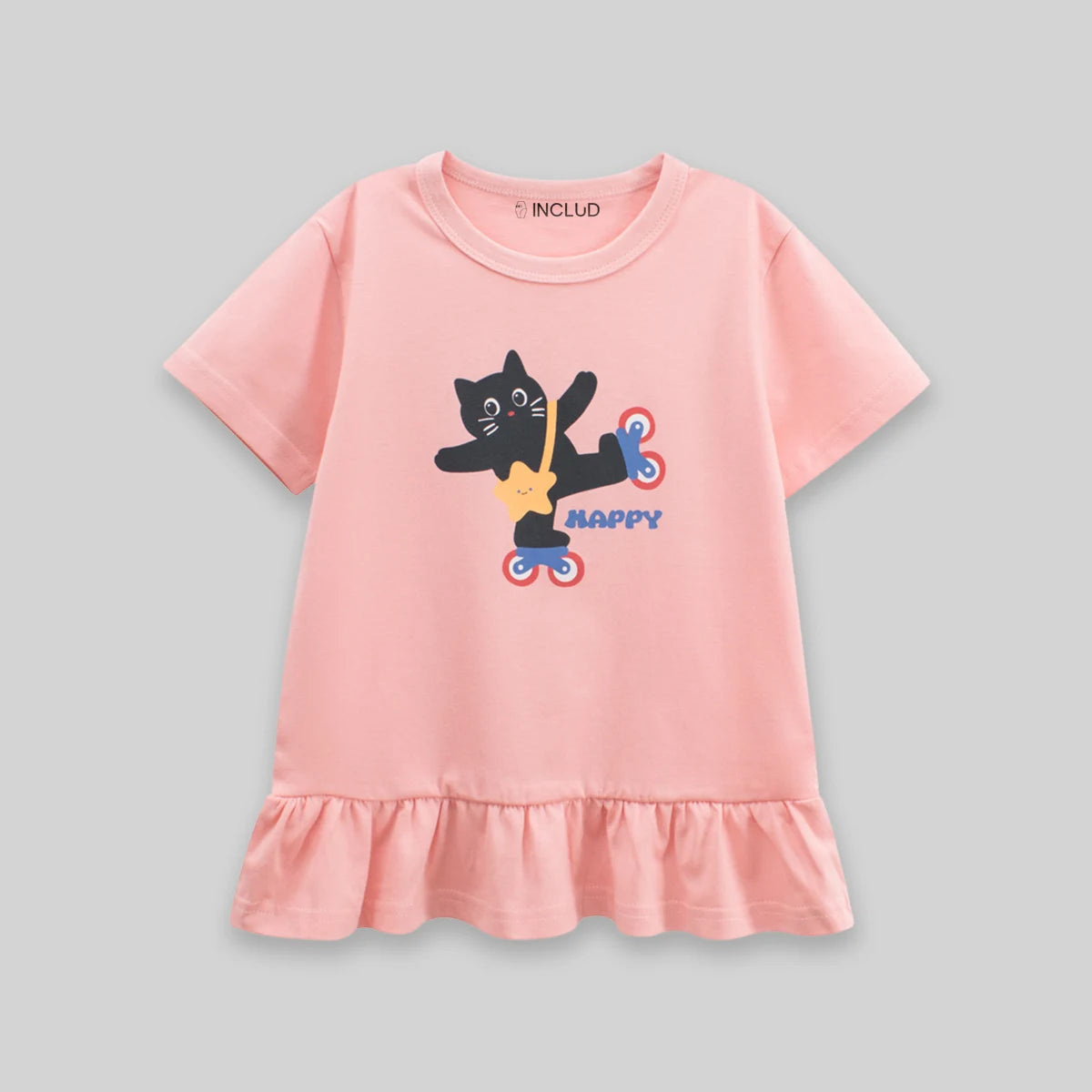 Girls Pink Cat Graphic Short Sleeve T-Shirt Dress Casual Dresses