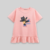 Girls Pink Cat Graphic Short Sleeve T-Shirt Dress Casual Dresses