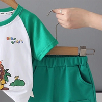 Boys Green Lion Cartoon Print Short Sleeves T-Shirt With Shorts Set Sets