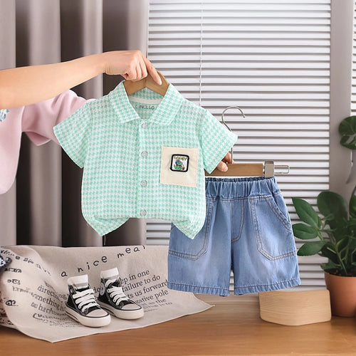 Boys Green Checked Short Sleeve Shirt With Denim Shorts Sets 2 pc. Sets Green 1-2 Y